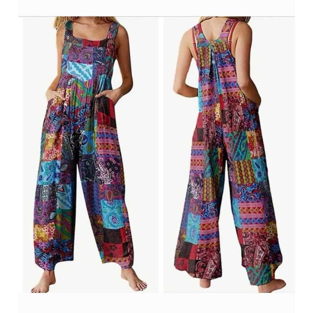 Multicolor Patchwork Jumpsuit Sz Large Hippie Boh… - image 2